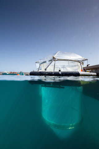 Mesocosm experiment as part of an Ocean Alkalinity Enhancement trial. Credit: Michael Sswat, GEOMAR Mesocosm experiment as part of an Ocean Alkalinity Enhancement trial. Credit: Michael Sswat, GEOMAR